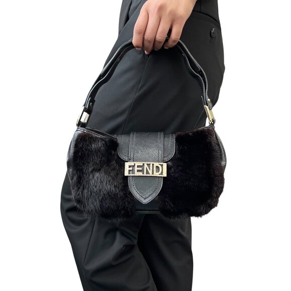 FENDI Vintage Logo Fur Baguette Mini Shoulder Bag Handbag Black Gold [106345] - Picture 3 of 13